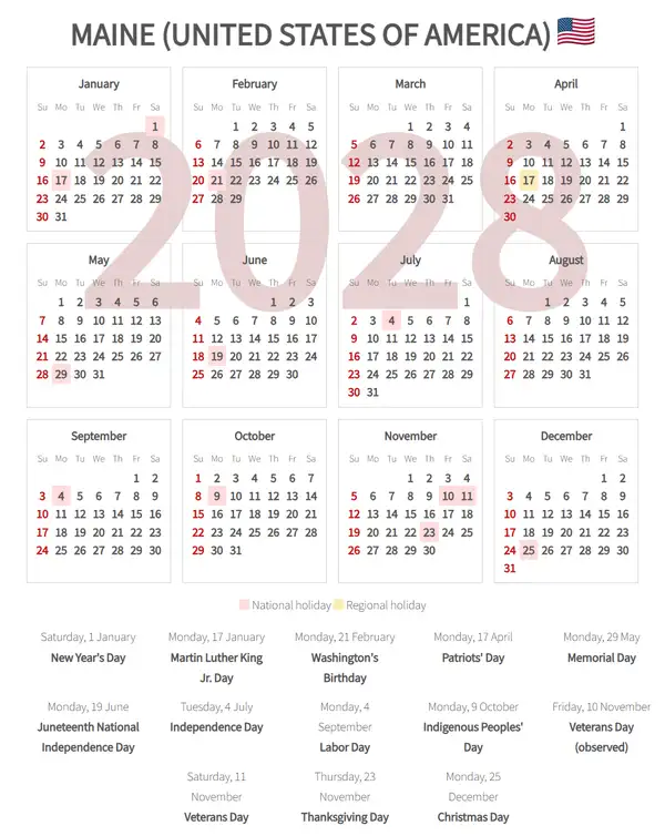 Work Calendar 2028, Maine (United states of america)
