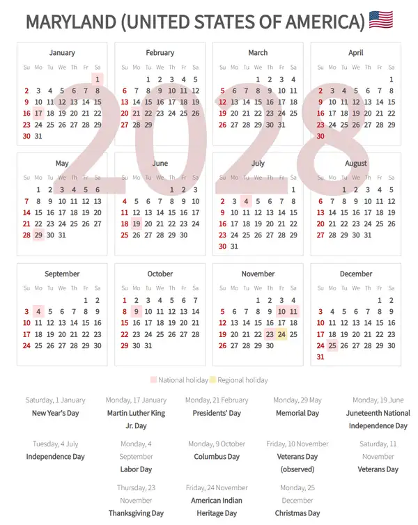 Work Calendar 2028, Maryland (United states of america)