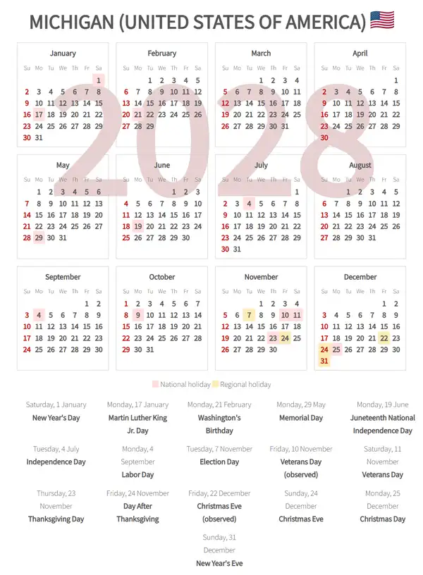 Work Calendar 2028, Michigan (United states of america)
