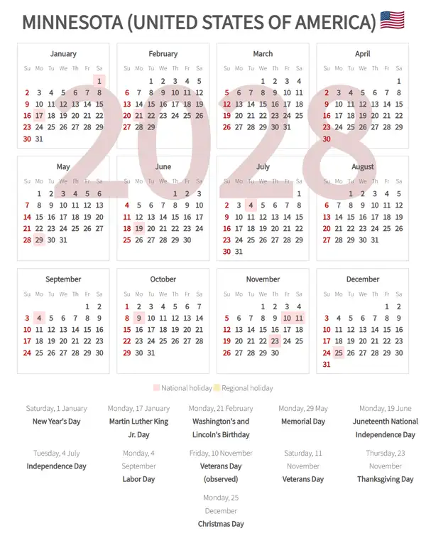 Work Calendar 2028, Minnesota (United states of america)