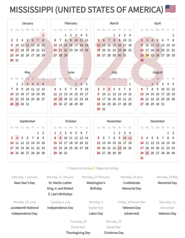 Work Calendar 2028, Mississippi (United states of america)