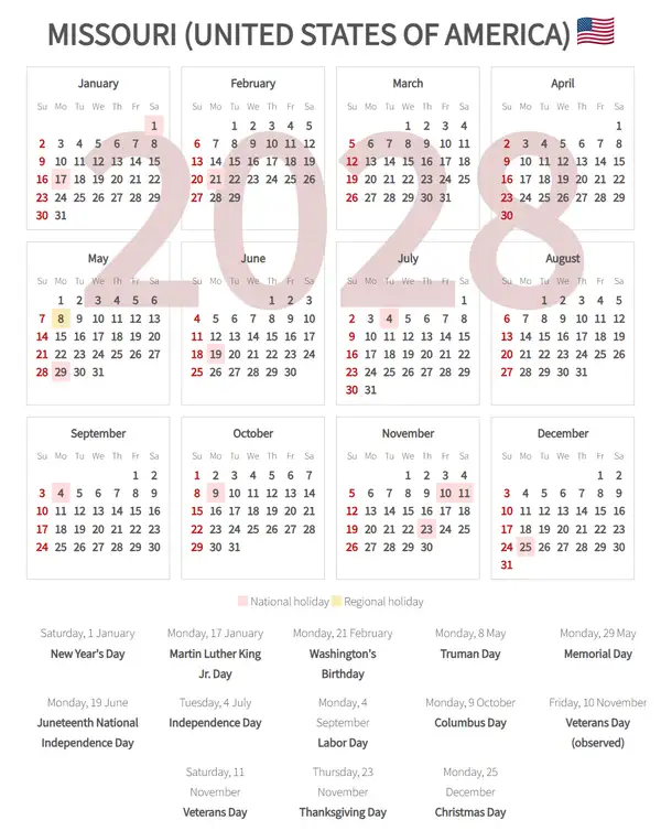 Work Calendar 2028, Missouri (United states of america)