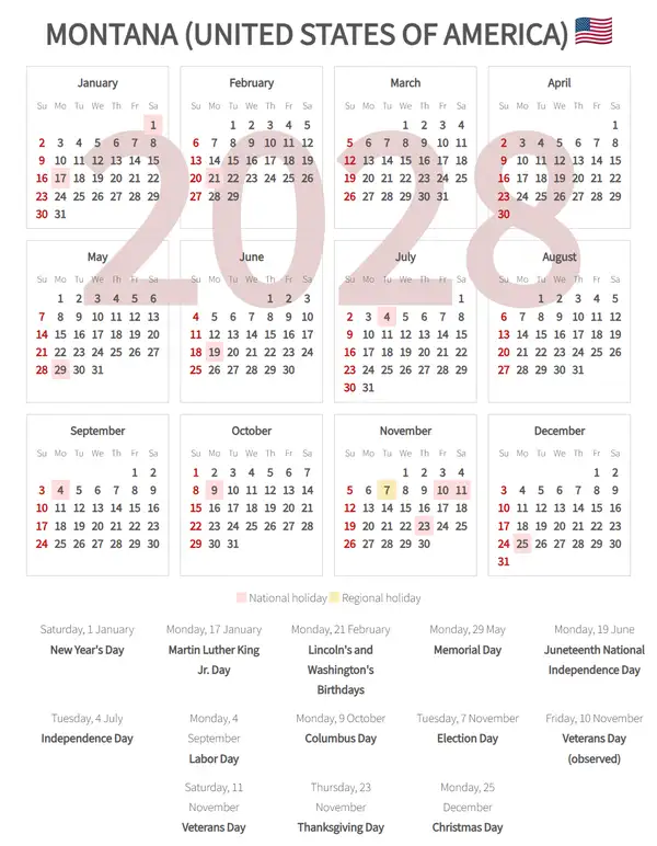 Work Calendar 2028, Montana (United states of america)