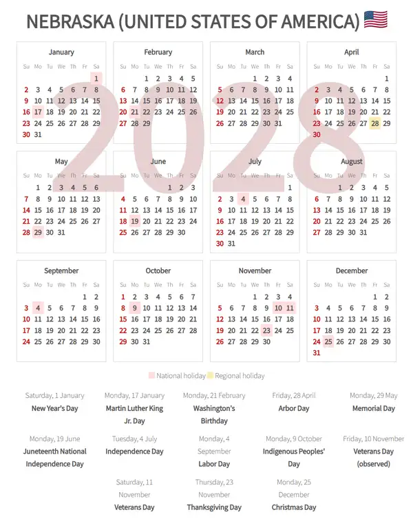 Work Calendar 2028, Nebraska (United states of america)