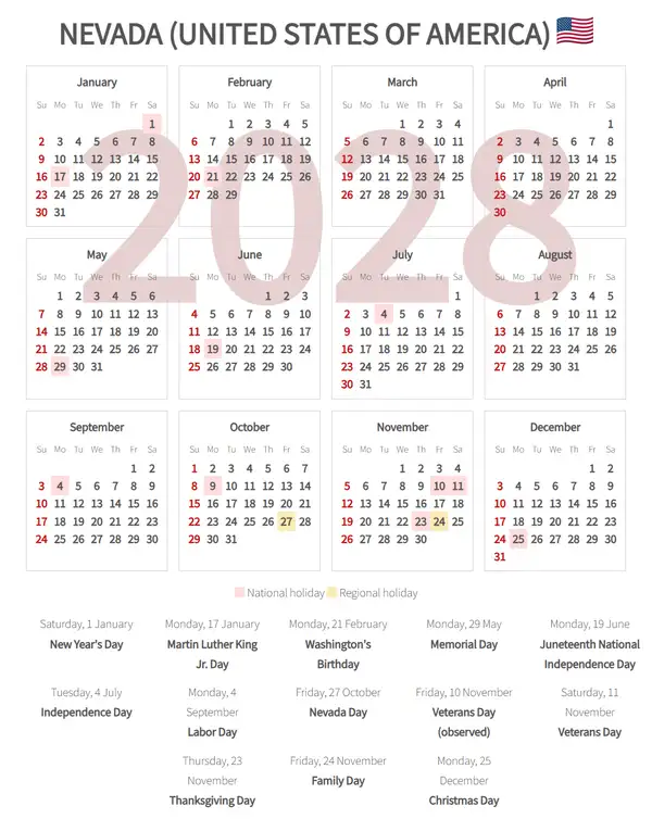 Work Calendar 2028, Nevada (United states of america)