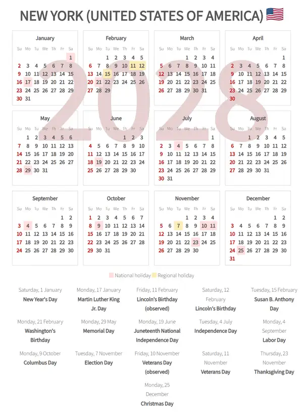 Work Calendar 2028, New york (United states of america)