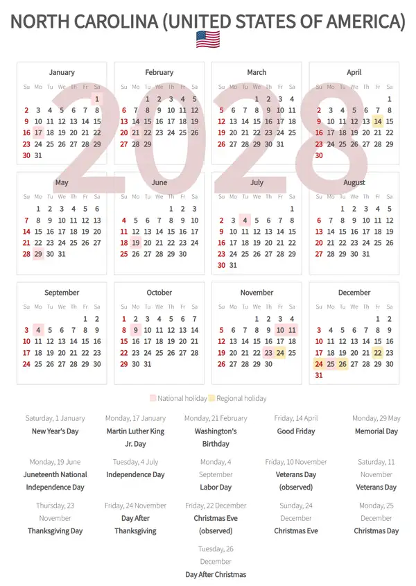 Work Calendar 2028, North carolina (United states of america)