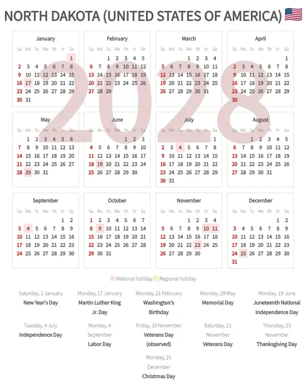 Work Calendar 2028, North dakota (United states of america)