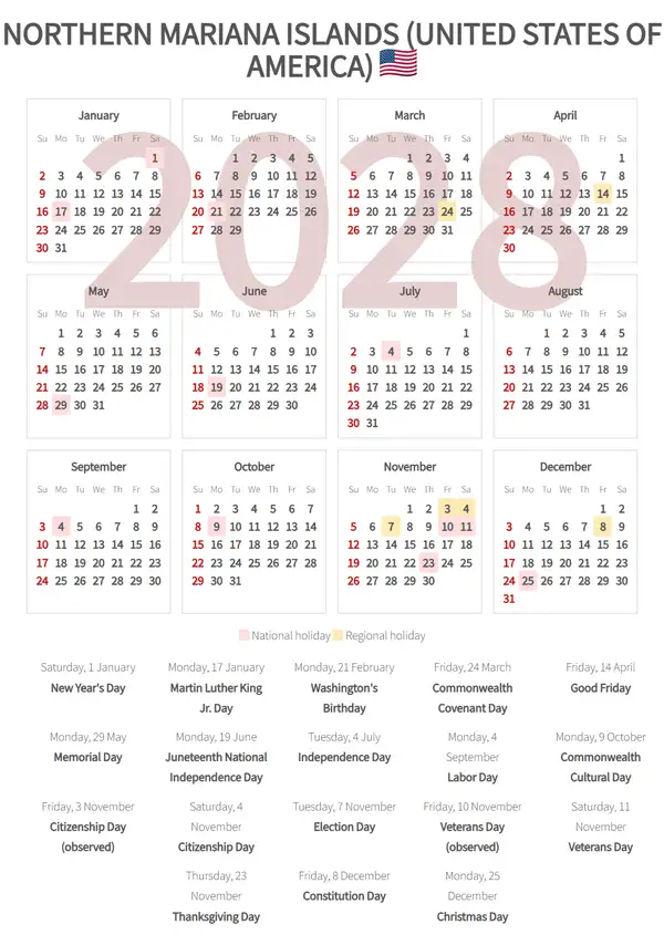 Work Calendar 2028, Northern mariana islands (United states of america)