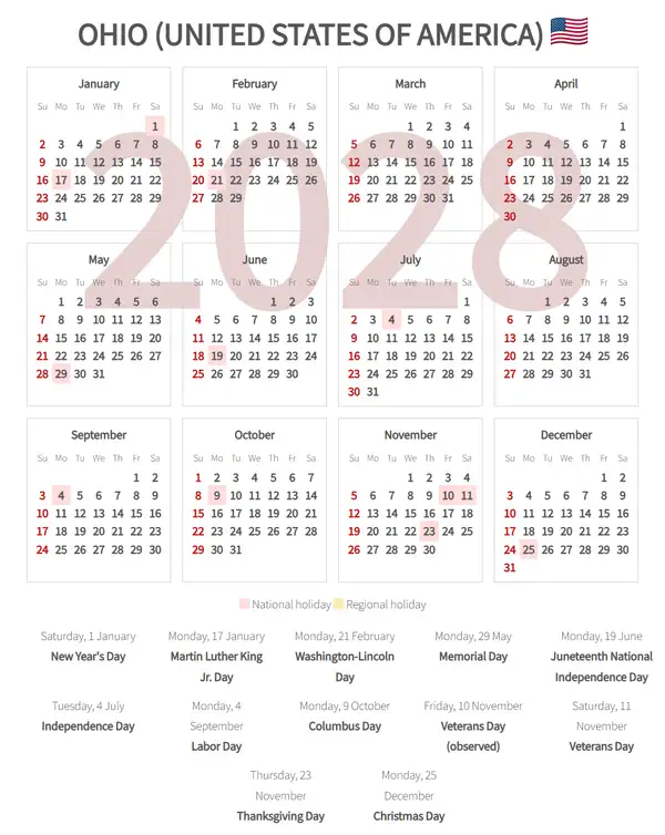 Work Calendar 2028, Ohio (United states of america)