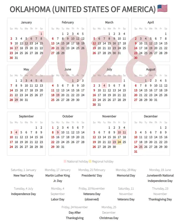 Work Calendar 2028, Oklahoma (United states of america)