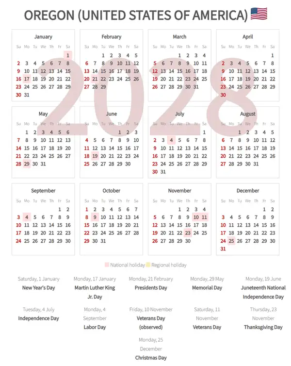 Work Calendar 2028, Oregon (United states of america)