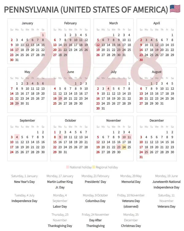 Work Calendar 2028, Pennsylvania (United states of america)