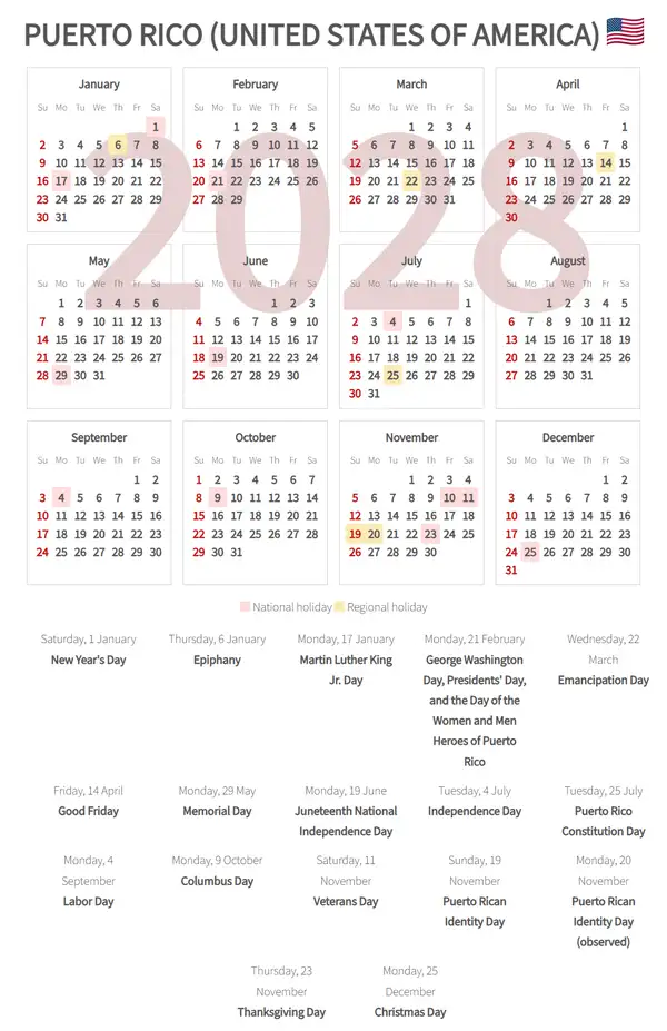 Work Calendar 2028, Puerto rico (United states of america)