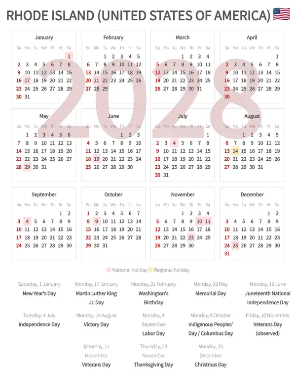 Work Calendar 2028, Rhode island (United states of america)