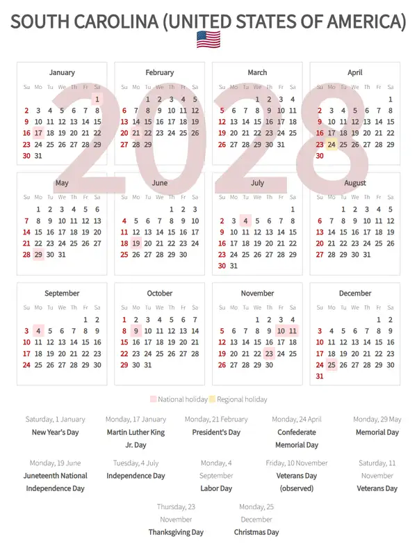 Work Calendar 2028, South carolina (United states of america)