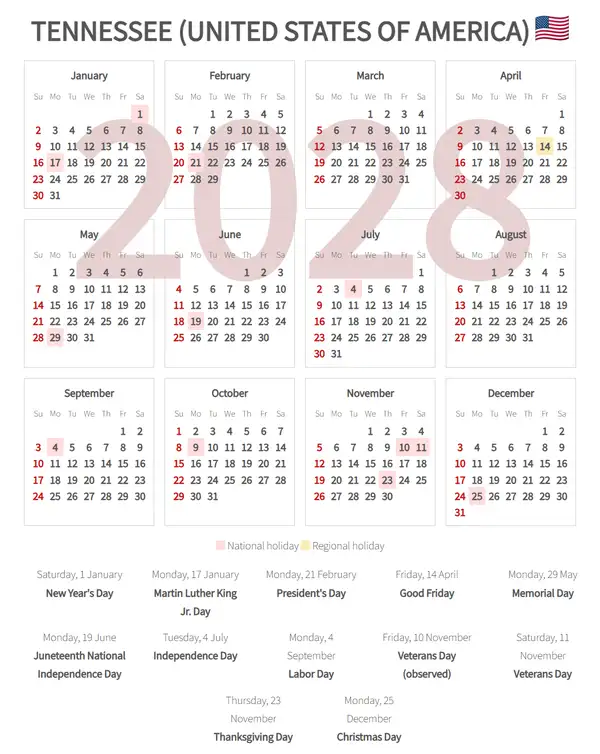 Work Calendar 2028, Tennessee (United states of america)