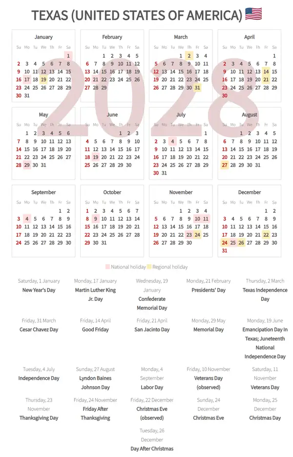 Work Calendar 2028, Texas (United states of america)