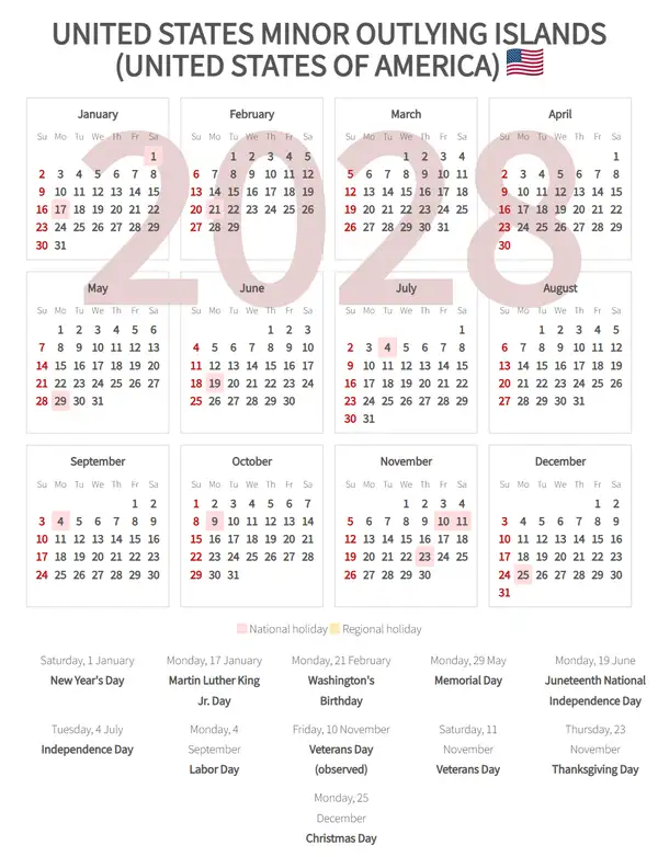 Work Calendar 2028, United states minor outlying islands (United states of america)