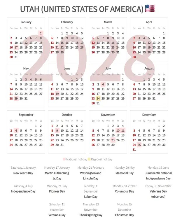 Work Calendar 2028, Utah (United states of america)