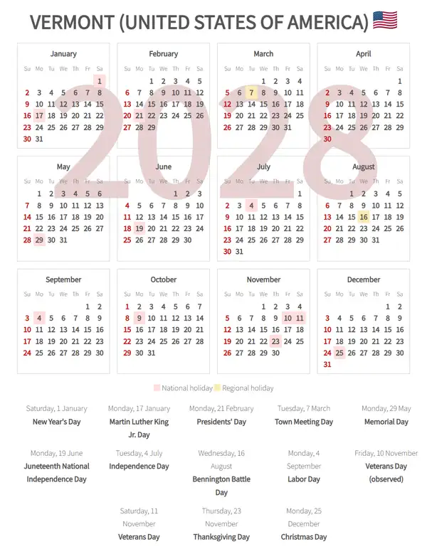 Work Calendar 2028, Vermont (United states of america)