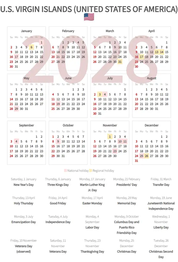 Work Calendar 2028, Virgin islands, u.s. (United states of america)