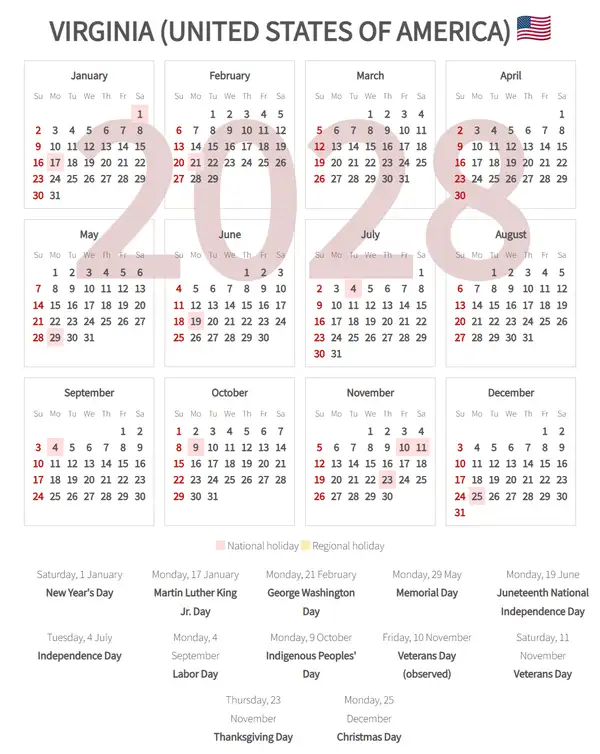 Work Calendar 2028, Virginia (United states of america)