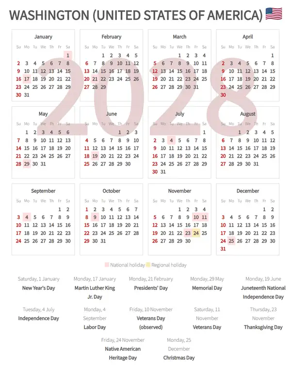 Work Calendar 2028, Washington (United states of america)
