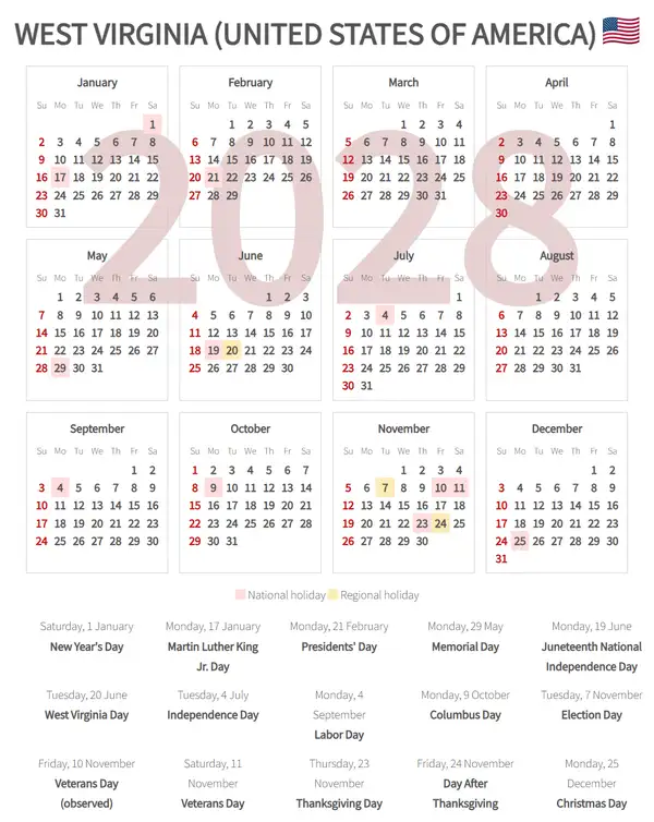 Work Calendar 2028, West virginia (United states of america)
