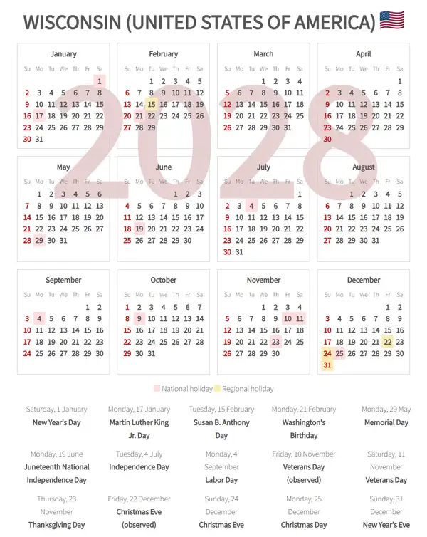 Work Calendar 2028, Wisconsin (United states of america)