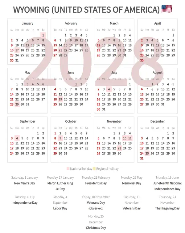 Work Calendar 2028, Wyoming (United states of america)