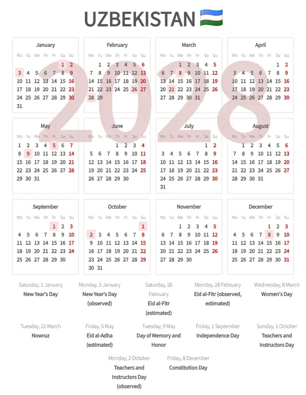 Work Calendar 2028, Uzbekistan - Public Holidays