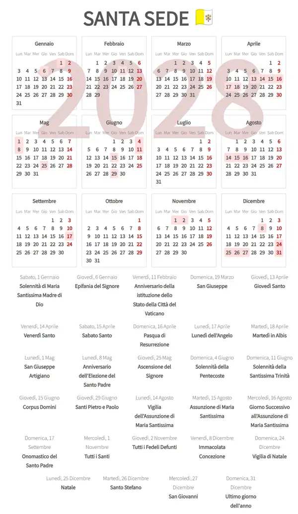 Calendario Lavorativo 2028 per Santa sede