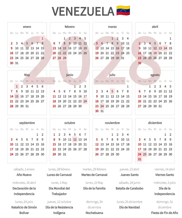 Calendario Laboral 2028 de Venezuela