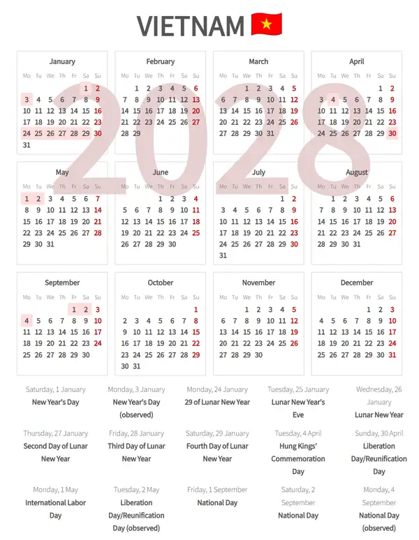 Work Calendar 2028, Vietnam - Public Holidays