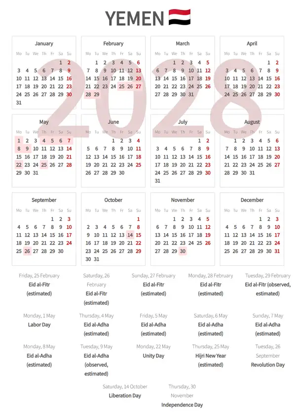 Work Calendar 2028, Yemen - Public Holidays