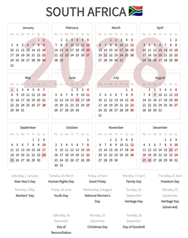 Work Calendar 2028, South africa - Public Holidays
