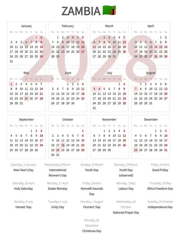Work Calendar 2028, Zambia - Public Holidays