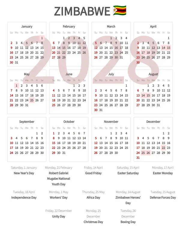 Work Calendar 2028, Zimbabwe - Public Holidays