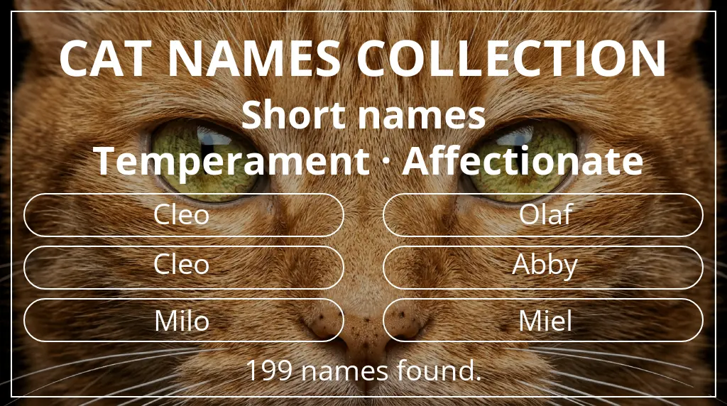 Feline names based on short (2–4) name length and affectionate temperament