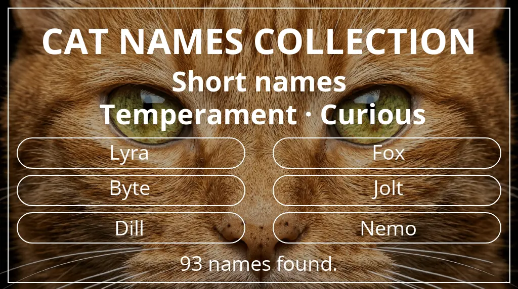 Feline names related to short (2–4) name length and curious temperament