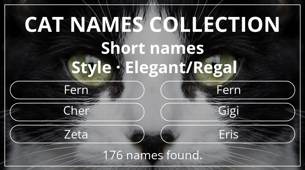 Names for cats inspired by short (2–4) name length and elegant/regal style