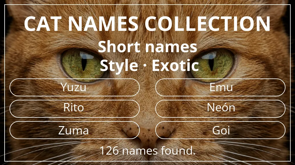 Names for cats inspired by short (2–4) name length and exotic style