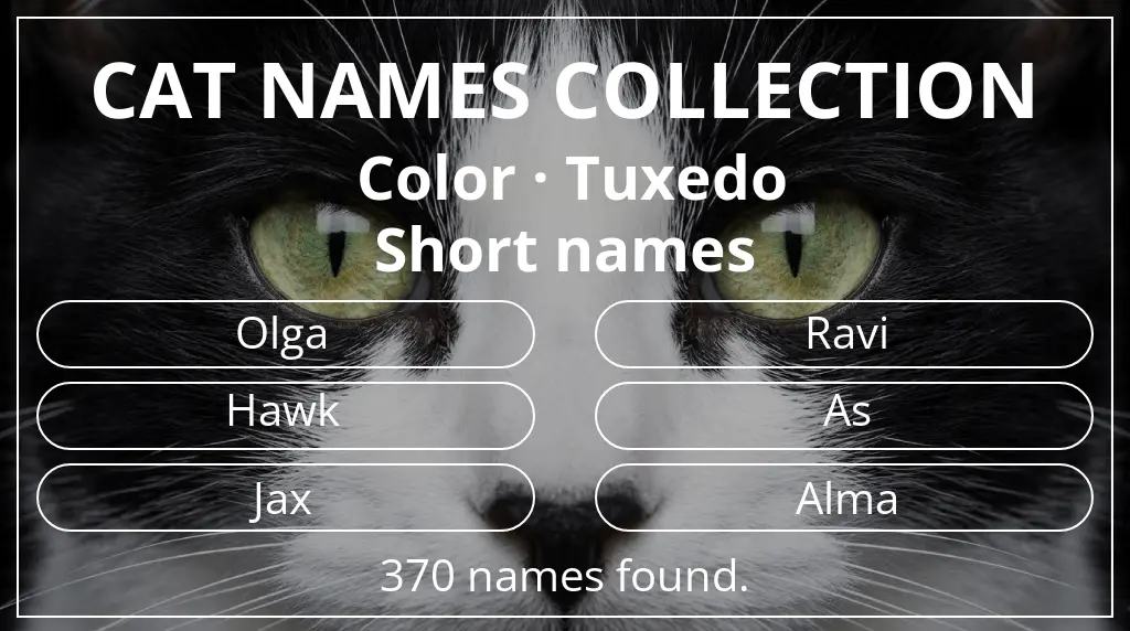 Names for cats related to tuxedo color and short (2–4) name length