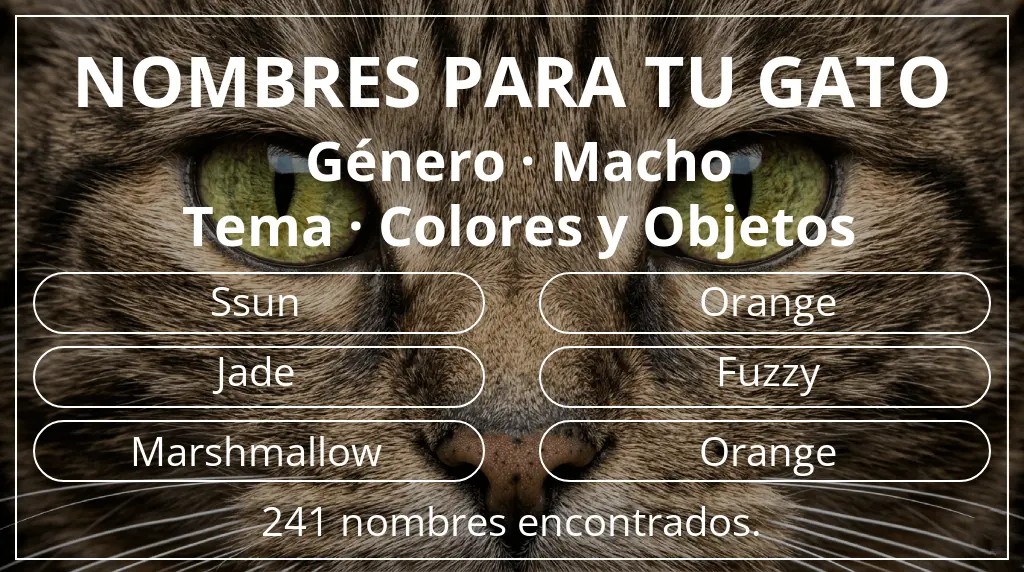 Nombres felinos relacionados con género macho y tema colores y objetos