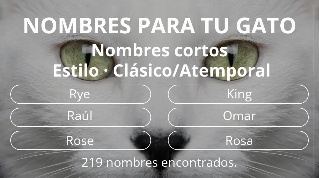 Nombres para gatos inspirados en longitud del nombre corto (2-4) y estilo clásico/atemporal