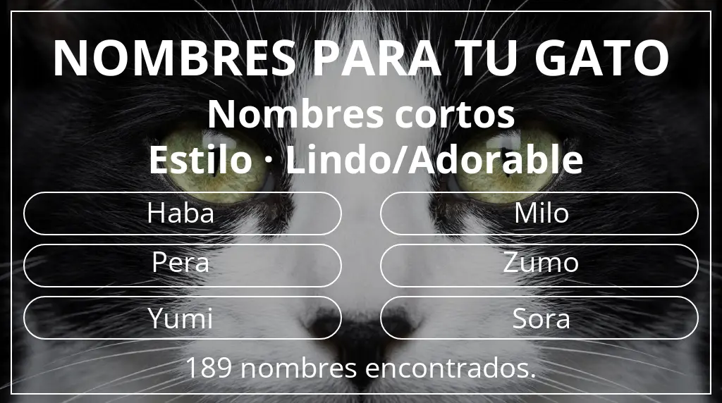 Nombres felinos basados en longitud del nombre corto (2-4) y estilo lindo/adorable