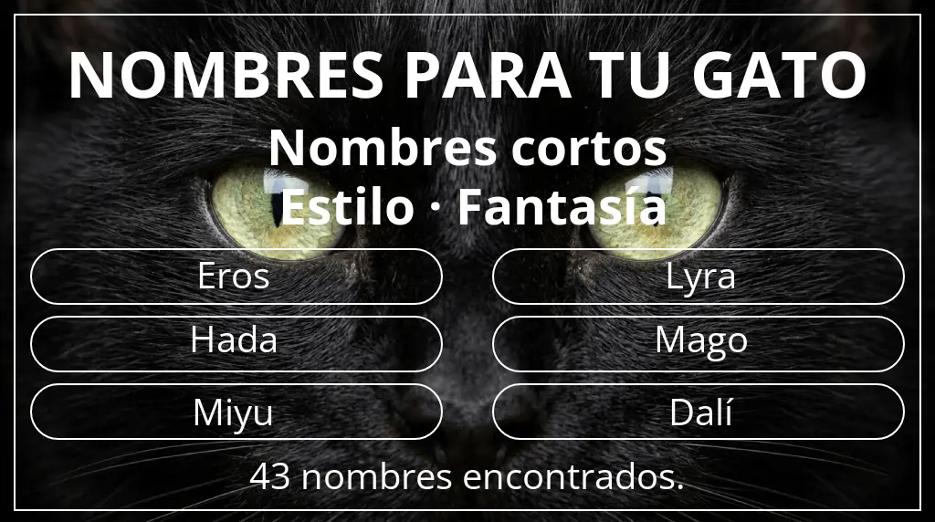 Nombres para gatos basados en longitud del nombre corto (2-4) y estilo fantasía