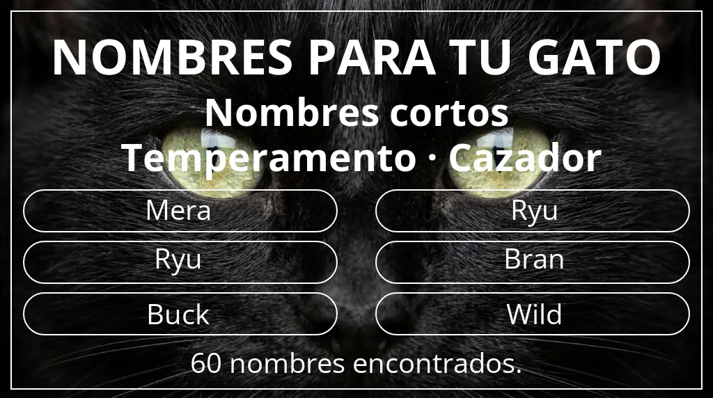 Nombres felinos basados en longitud del nombre corto (2-4) y temperamento cazador