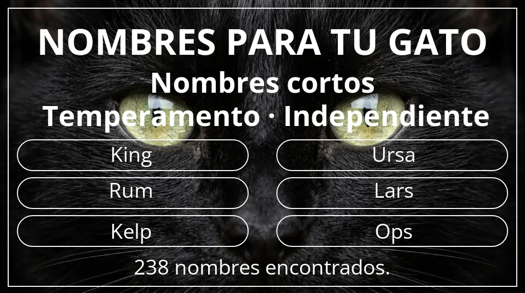 Nombres felinos basados en longitud del nombre corto (2-4) y temperamento independiente
